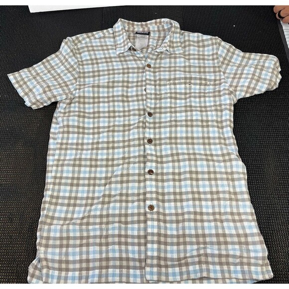 Patagonia Men's Short‎ Sleeve Button Up Size Small Blue Brown Plaid - Picture 1 of 6
